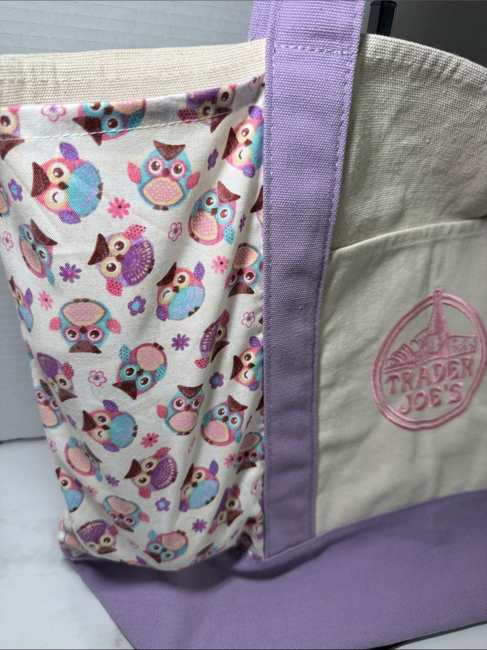 New Trader Joe’s Large Lavender Canvas Tote Bag with Custom Side Pockets - Picture 5 of 17